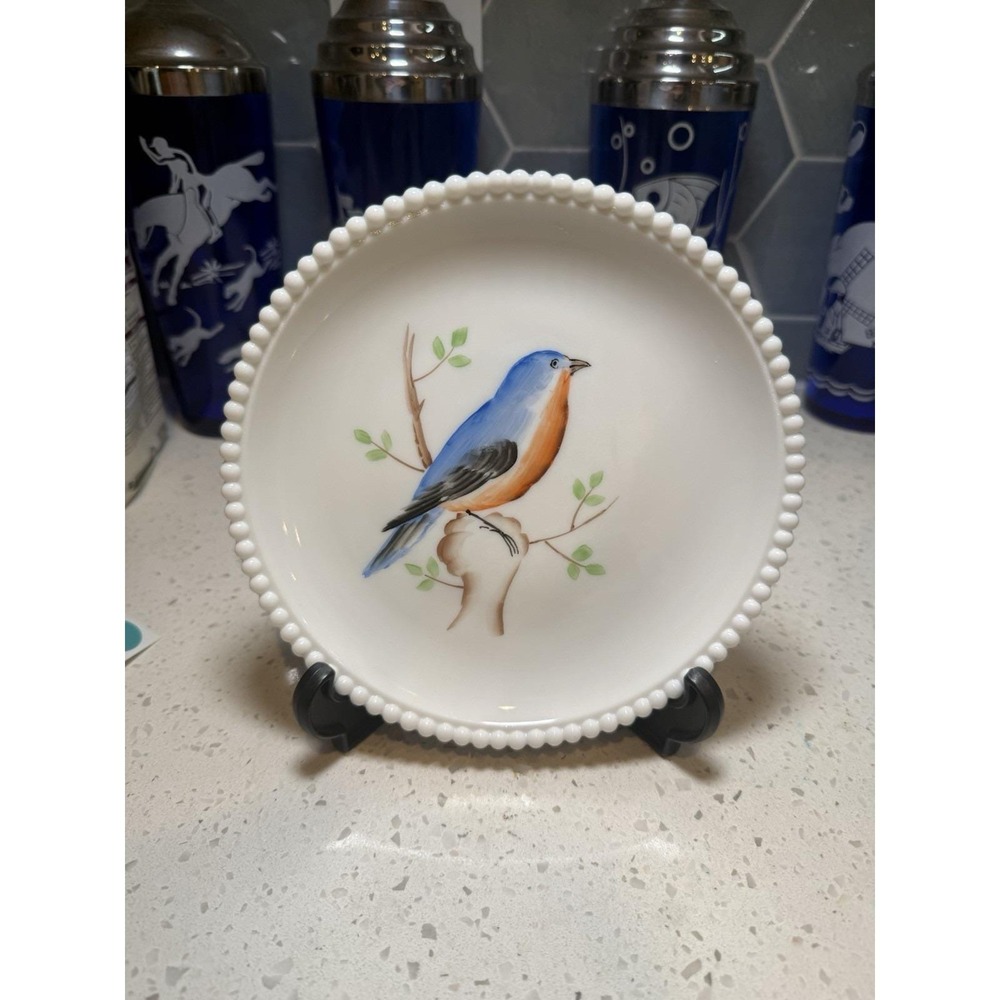 Westmoreland Beaded Edge Hand Painted Bluebird Blue Bird Plate Milk Glass